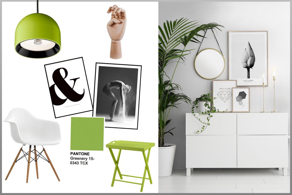 Hier solltest du eine Collage sehen: Interior Design, Pantone Farbe Greenery im schlichten Design